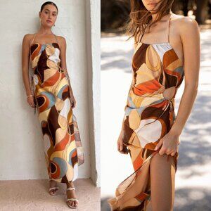 Sir the Label Vista Maxi Dress Print Halter Cotton Silk Brown Size 3